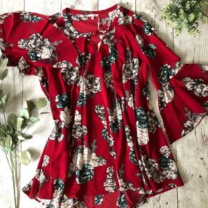 Red Floral Tunic with Bell Ruffle Sleeves
